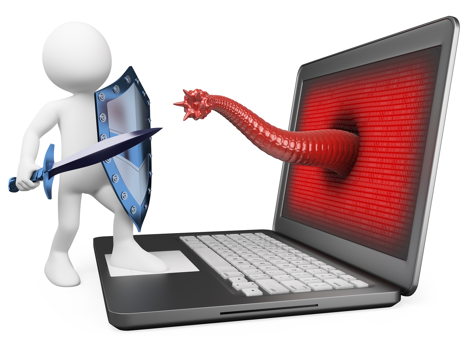 3d white person. Antivirus metaphor. Knight fighting worm virus. 3d image. Isolated white background.