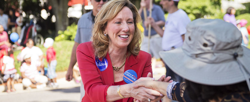 UNITED STATES - JULY 04: Barbara Comstock, Republican candidate for Virginia's 10th Congressional District, greets attendees of Leesburg's Independence Day parade, July 4, 2014. (Photo By Tom Williams/CQ Roll Call)